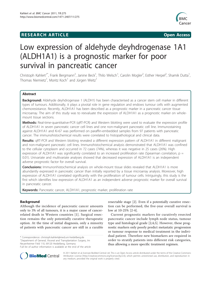 Pdf Low Expression Of Aldehyde Deyhdrogenase 1a1 Aldh1a1 Is A Prognostic Marker For Poor Survival In Pancreatic Cancer