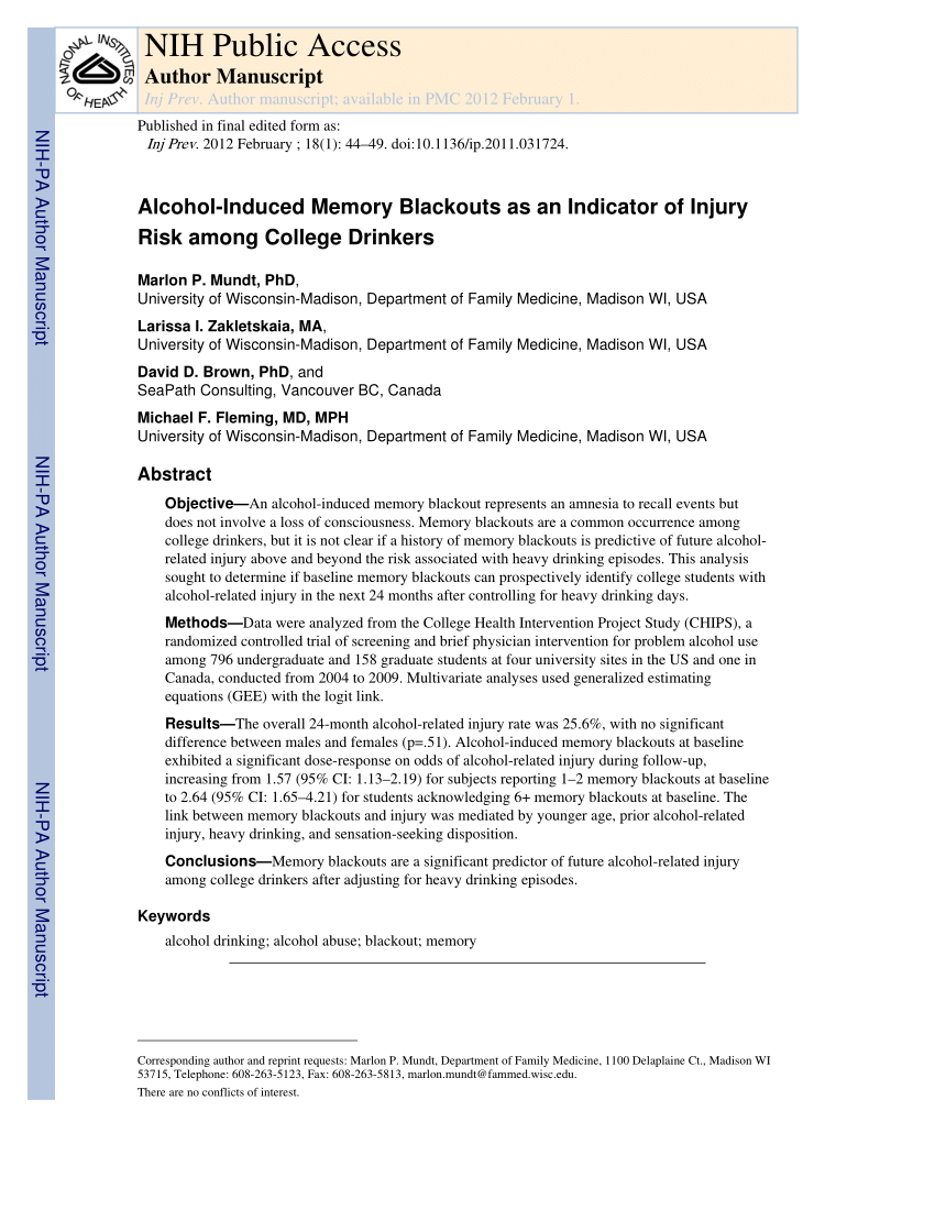pdf) alcohol-induced memory blackouts as an indicator of injury risk