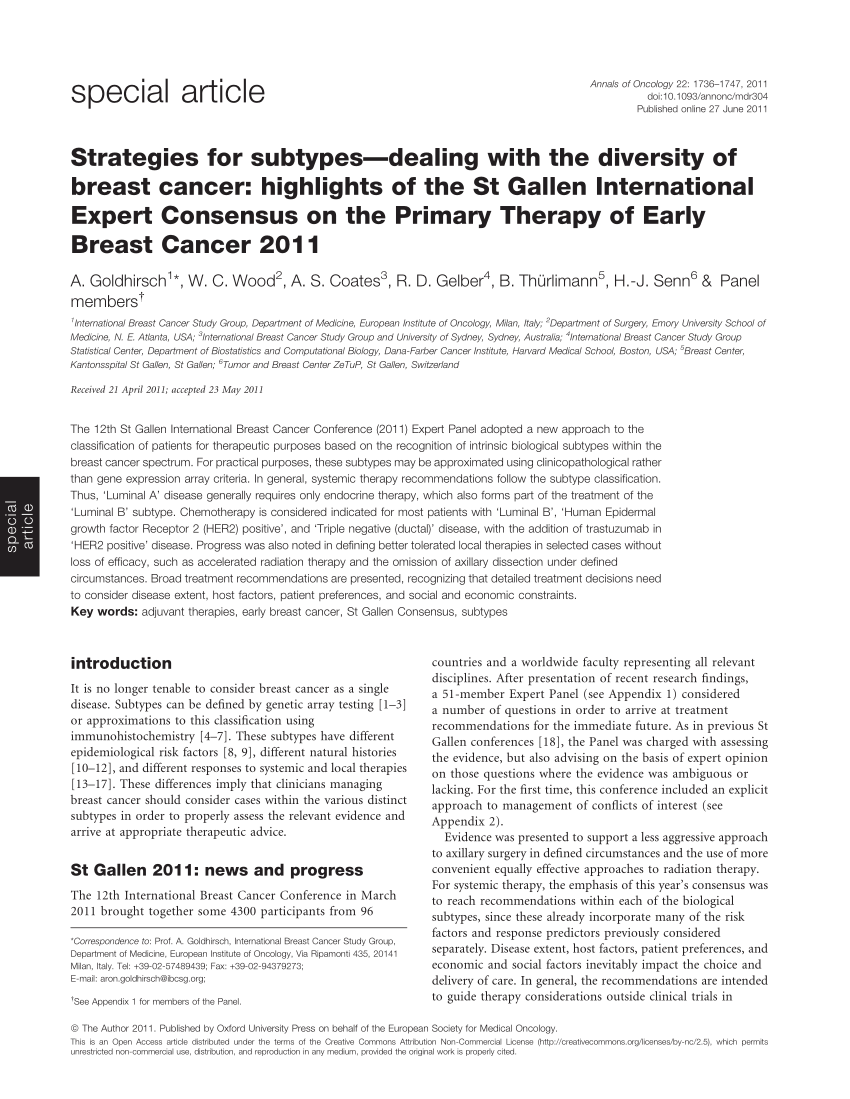 Pdf Goldhirsch A Wood Wc Coates As Gelber Rd Thurlimann B Senn Hj Panel Mstrategies For Subtypes Dealing With The Diversity Of Breast Cancer Highlights Of The St Gallen International Expert Consensus On