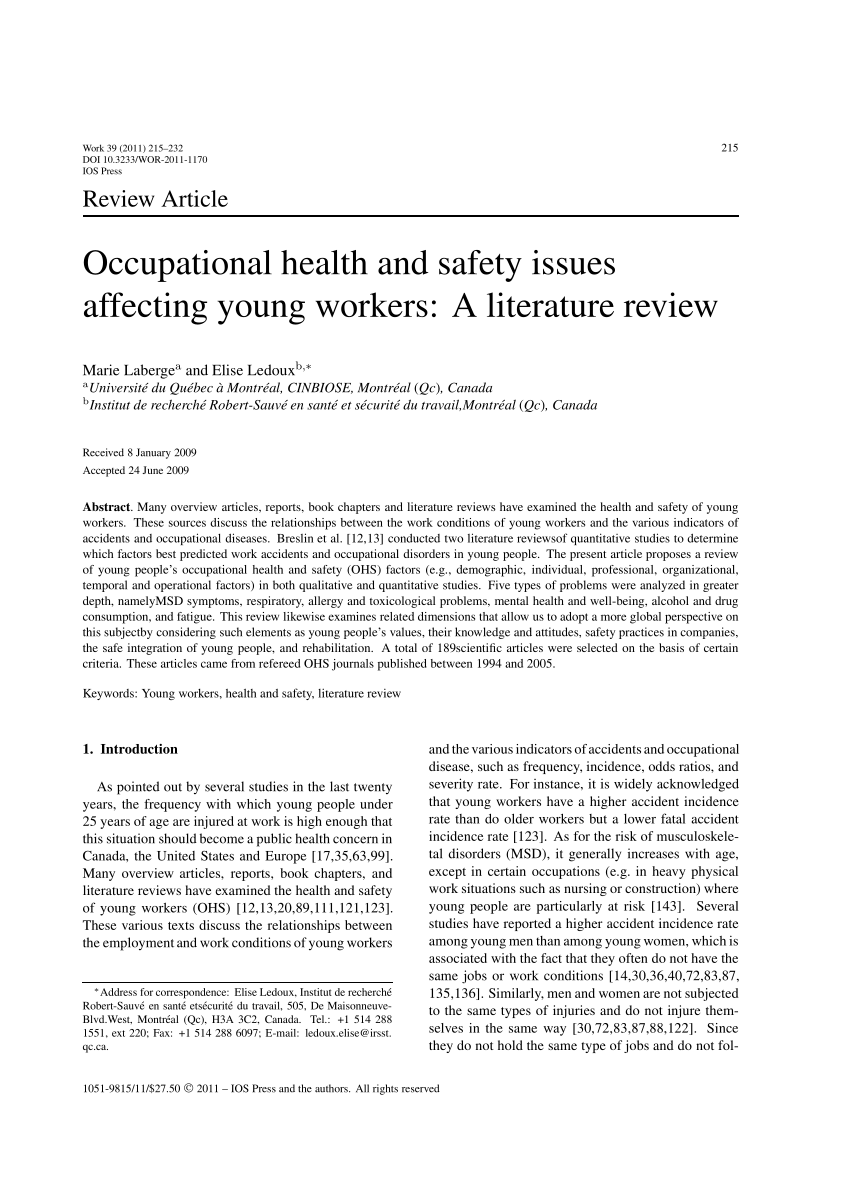 Pdf Occupational Health And Safety Issues Affecting Young Workers A Literature Review