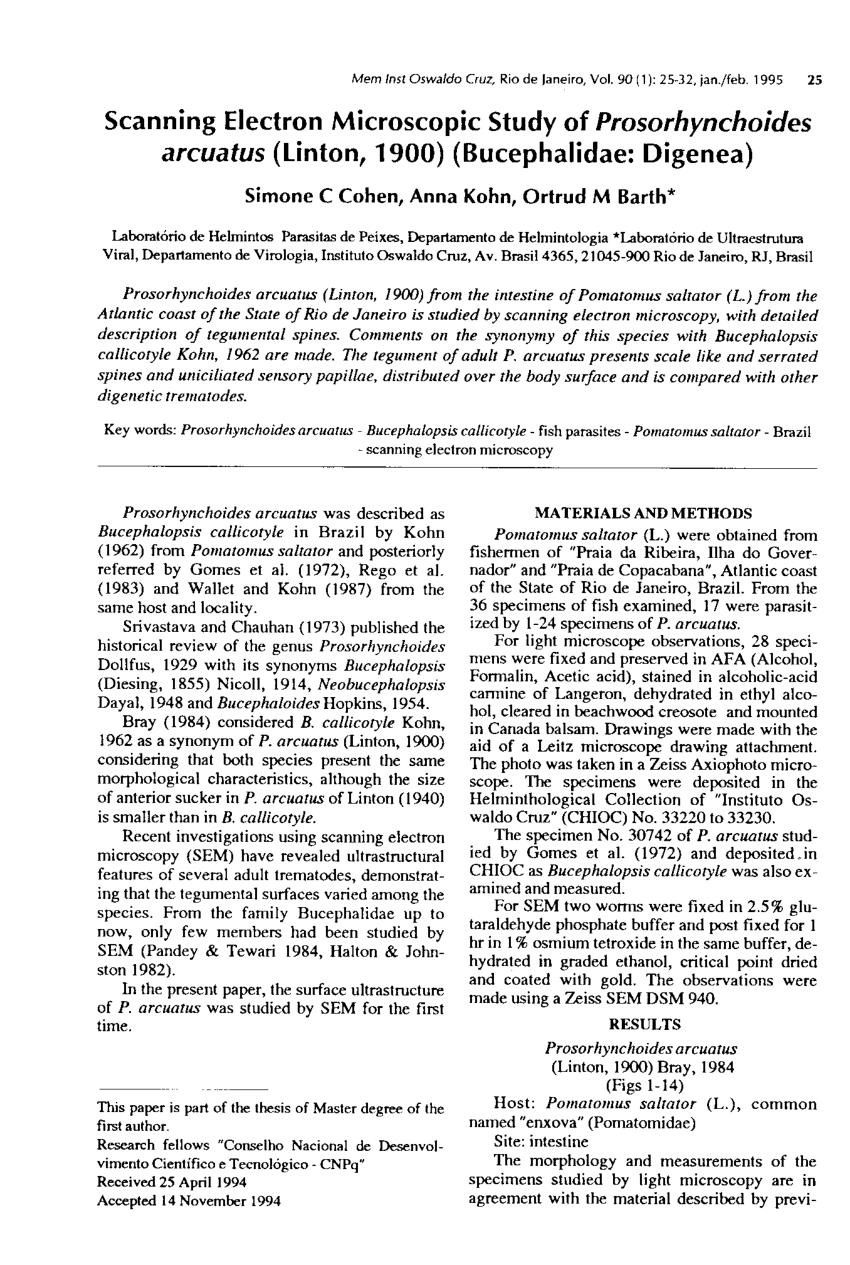 Pdf Scanning Electron Microscopic Study Of Prosorhynchoides Arcuatus Linton 1990 Bucephalidae Digenea