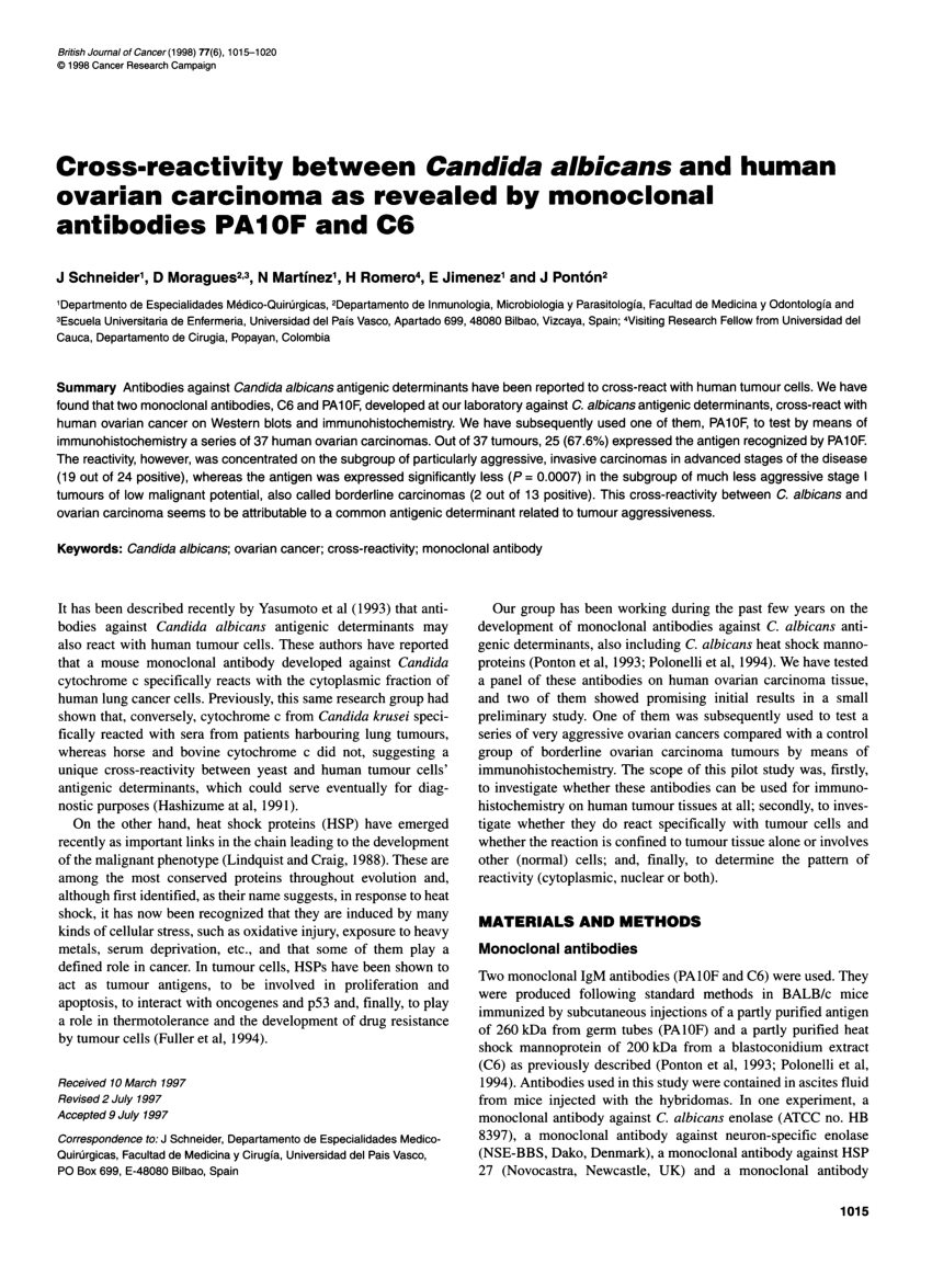 Pdf Cross Reactivity Between Candida Albicans And Human Ovarian Carcinoma As Revealed By 