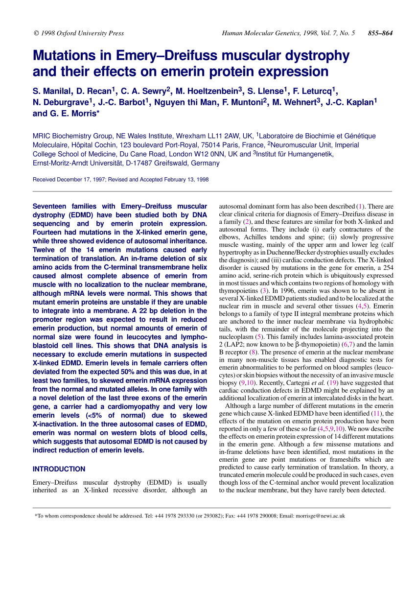 Pdf Mutations In Emery Dreifuss Muscular Dystrophy And Their Effects On Emerin Protein Expression 2539