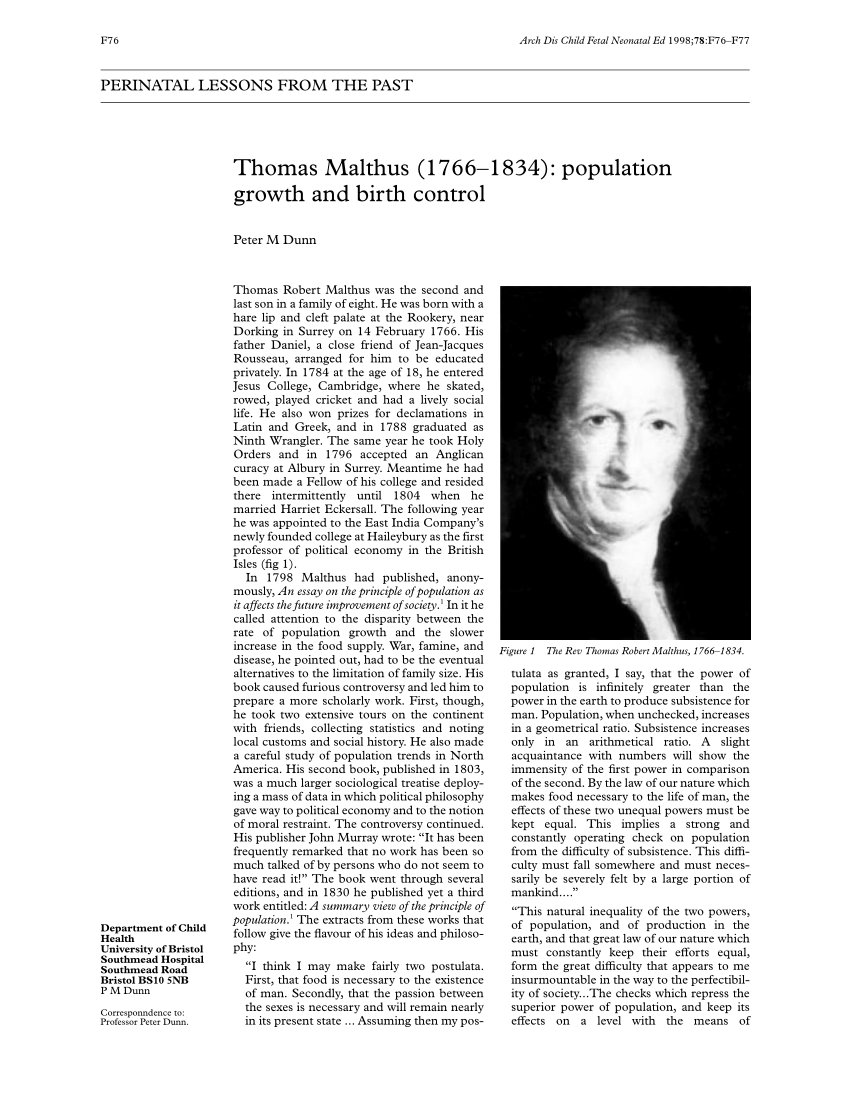 Pdf Thomas Malthus 1766 1834 Population Growth And Birth Control