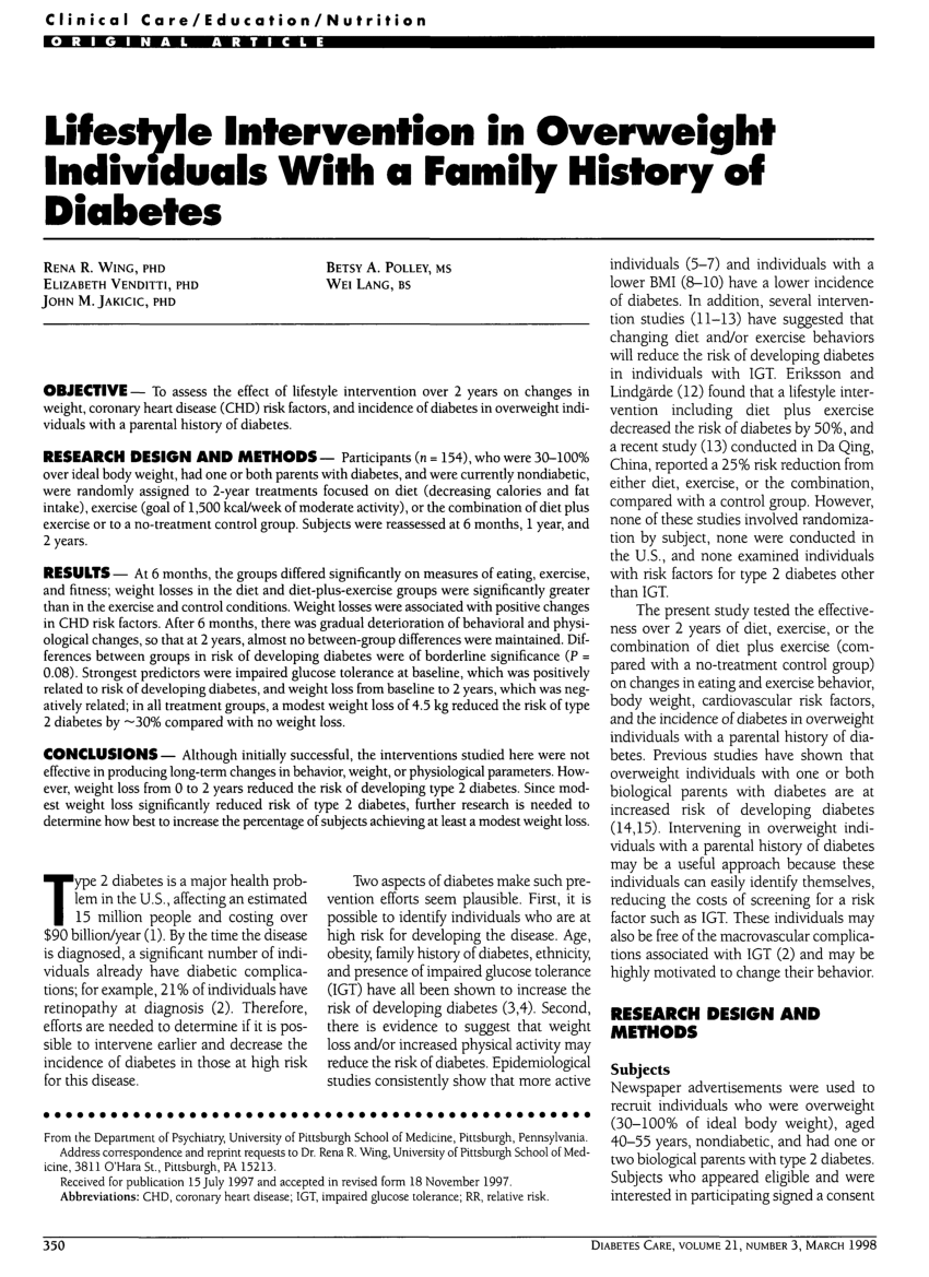 PDF) Lifestyle Intervention in Overweight Individuals With a 