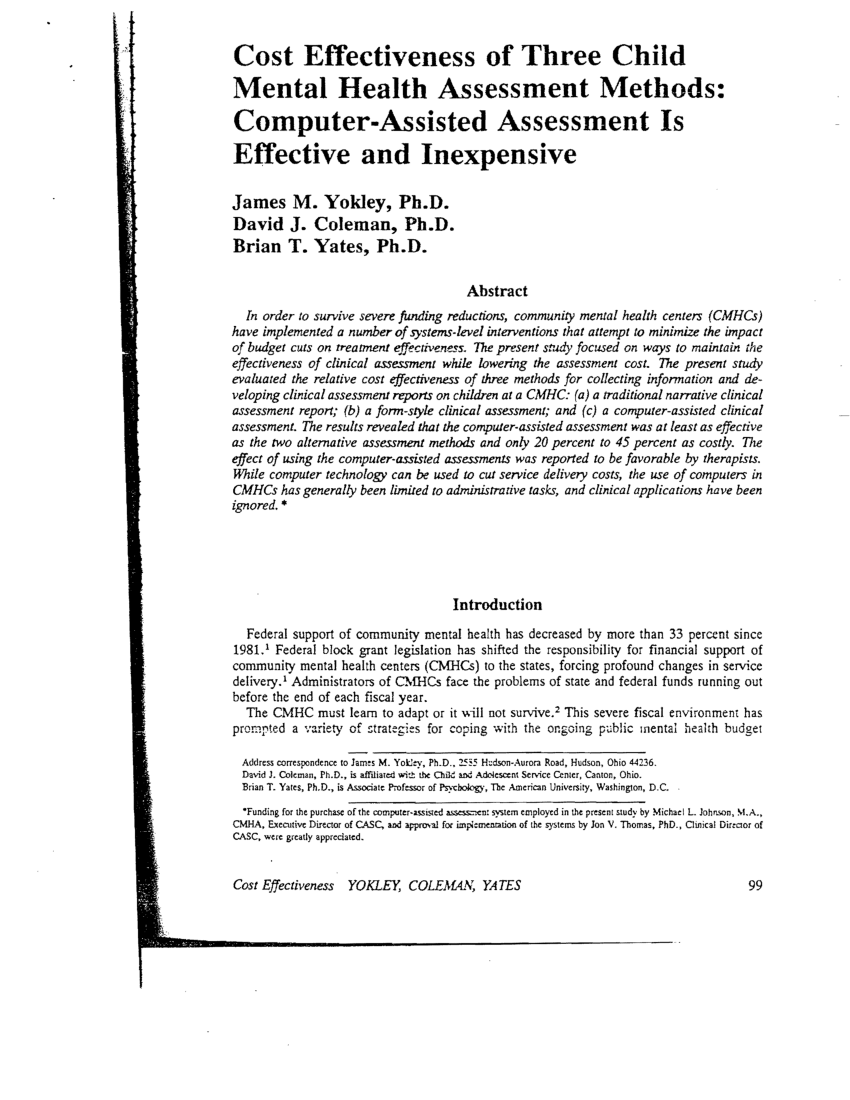 Pdf Cost Effectiveness Of Three Child Mental Health Assessment Methods Computer-assisted Assessment Is Effective And Inexpensive