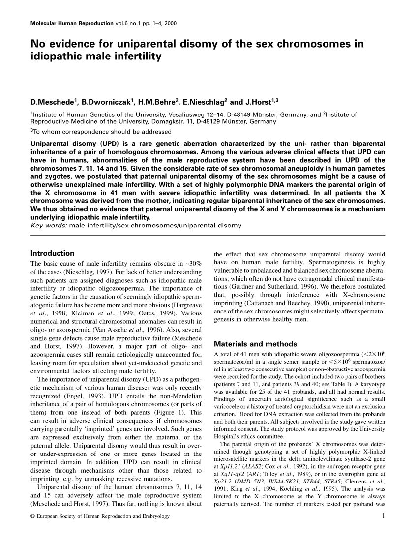 Pdf No Evidence For Uniparental Disomy Of The Sex Chromosomes In Idiopathic Male Infertility