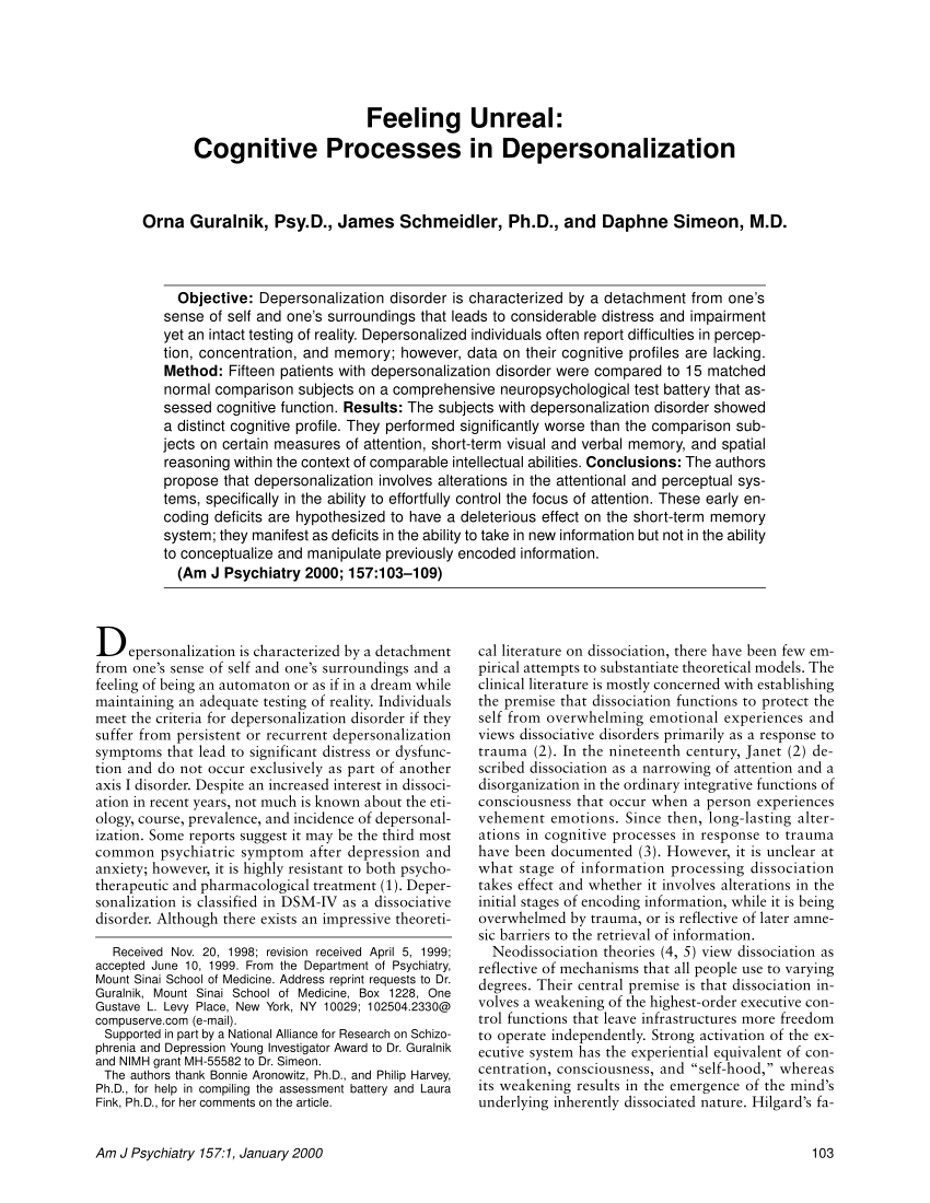 Pdf Feeling Unreal Cognitive Processes In Depersonalization