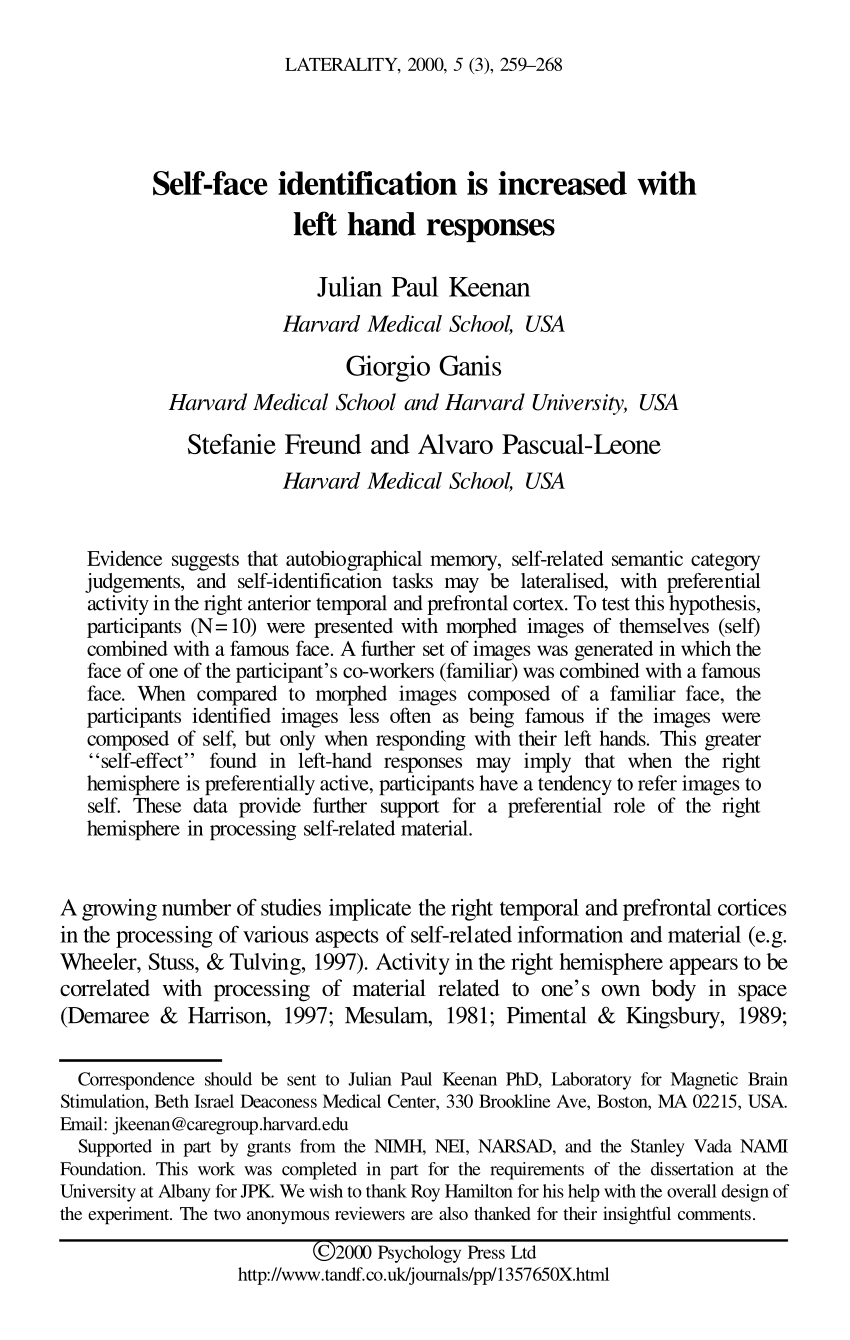 Pdf Self Face Identification Is Increased With Left Hand Responses