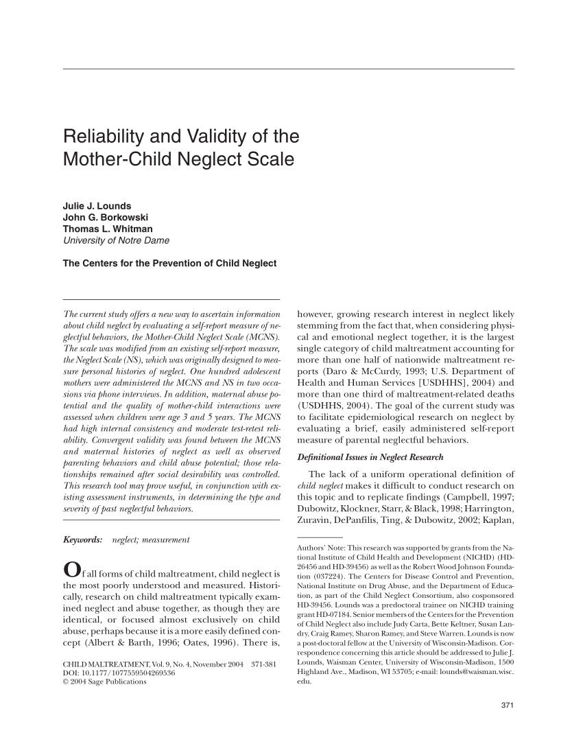 Pdf Reliability And Validity Of The Mother Child Neglect Scale