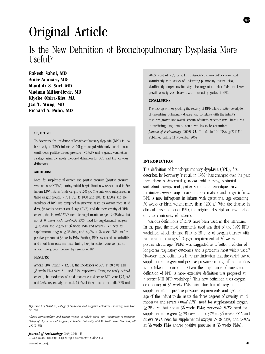 Is the New Definition of Bronchopulmonary Dysplasia More Useful