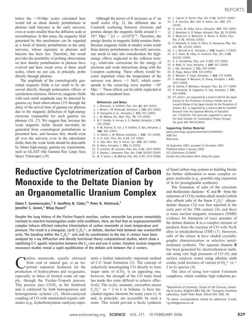Pdf Reductive Cyclotrimerization Of Carbon Monoxide To The Deltate Dianion By An Organometallic Uranium Complex