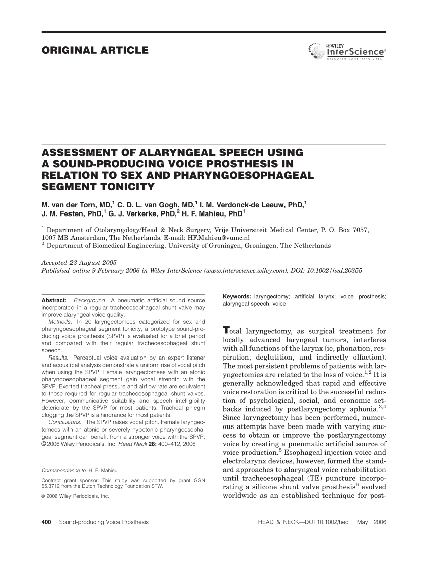 PDF) Assessment of alaryngeal speech using a sound-producing voice  prosthesis in relation to sex and pharyngoesophageal segment tonicity