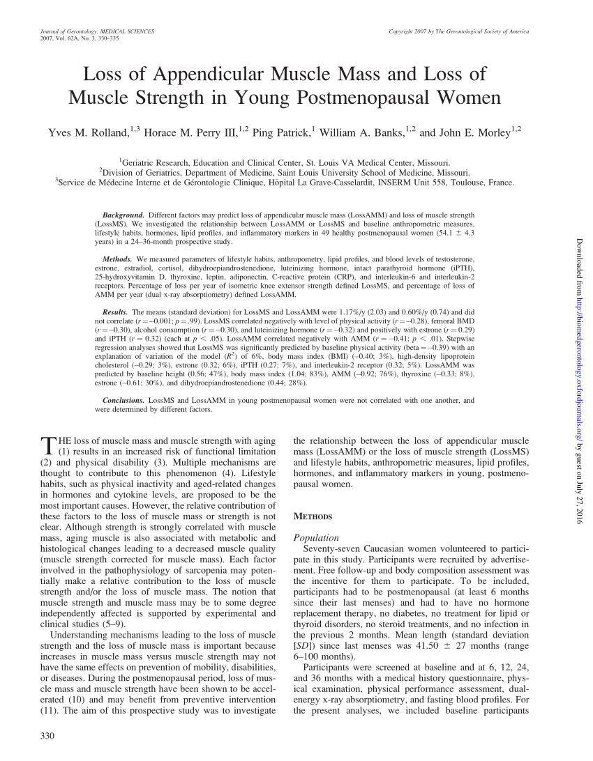 Pdf Loss Of Appendicular Muscle Mass And Loss Of Muscle Strength In Young Postmenopausal Women 6270