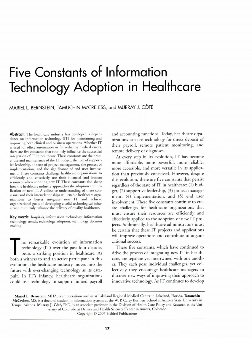 essay on technology adoption in healthcare