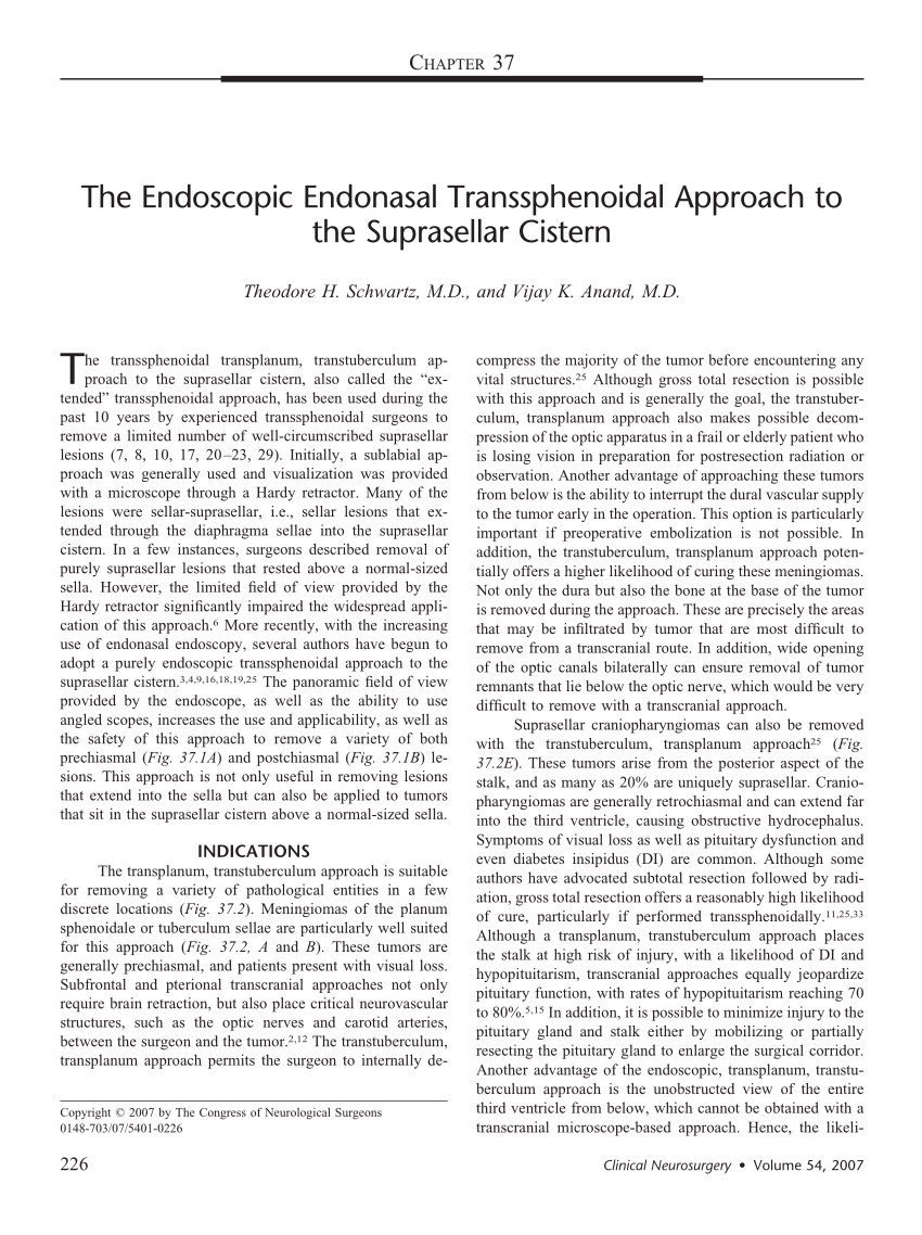 Pdf The Endoscopic Endonasal Transsphenoidal Approach To The Suprasellar Cistern 