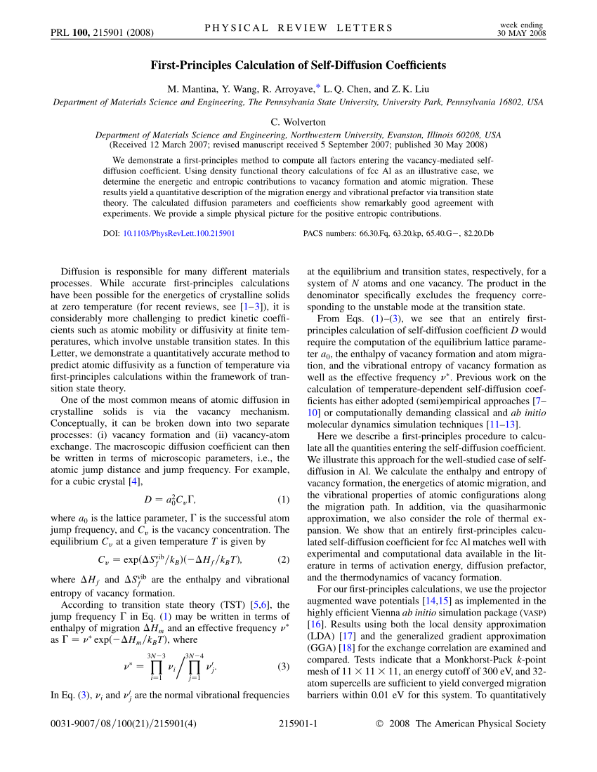 (PDF) FirstPrinciples Calculation of SelfDiffusion Coefficients