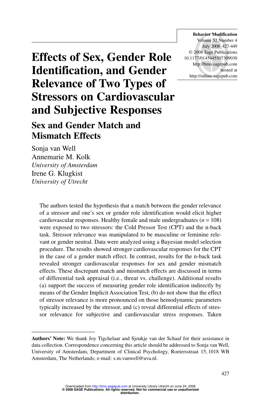 Pdf Effects Of Sex Gender Role Identification And Gender Relevance Of Two Types Of Stressors 