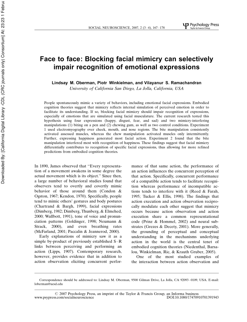 Pdf Face To Face Blocking Facial Mimicry Can Selectively Impair Recognition Of Emotional Expressions