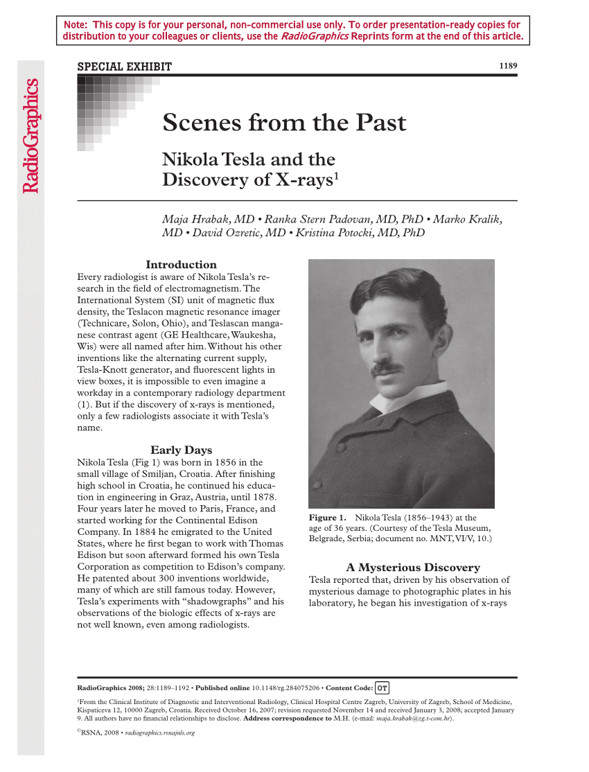 Pdf Nikola Tesla And The Discovery Of X Rays1