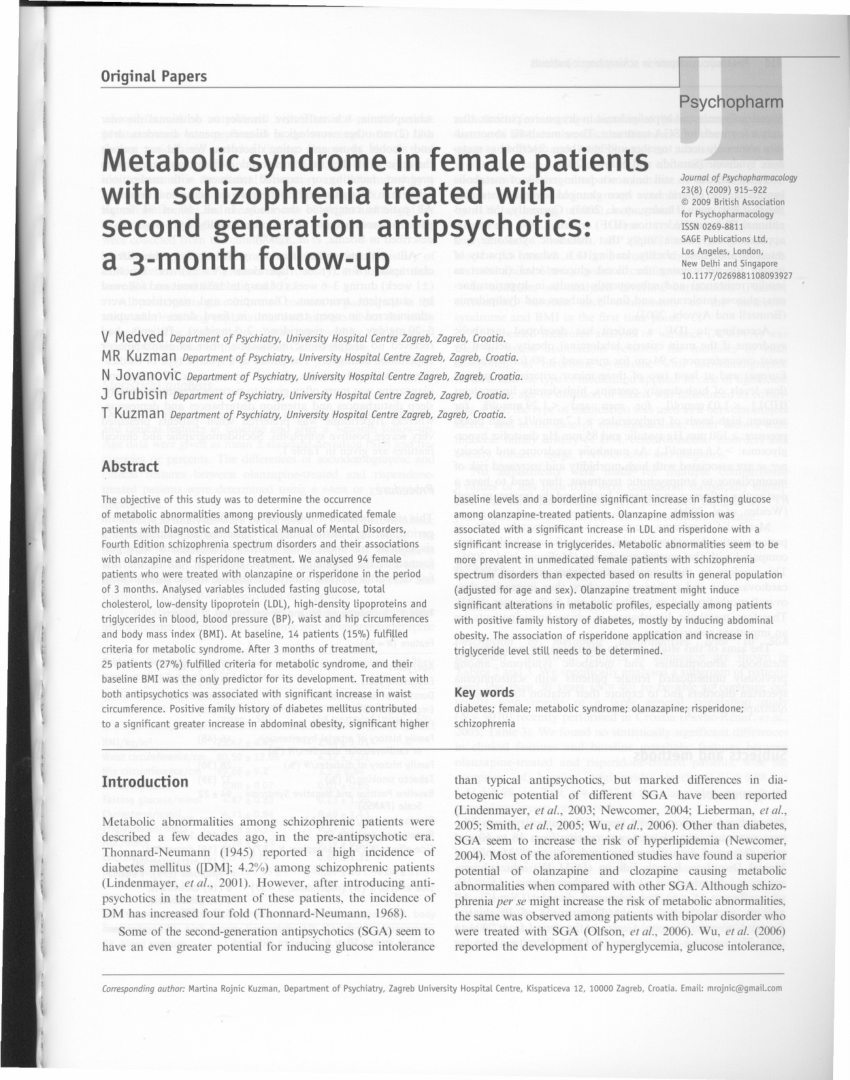 Pdf Metabolic Syndrome In Female Patients With Schizophrenia Treated With Second Generation