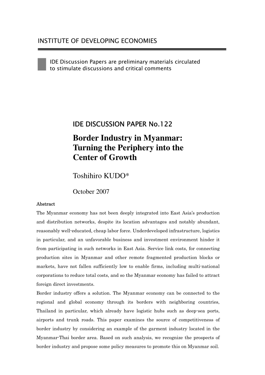 Pdf Border Industry In Myanmar Turning The Periphery Into The Center Of Growth