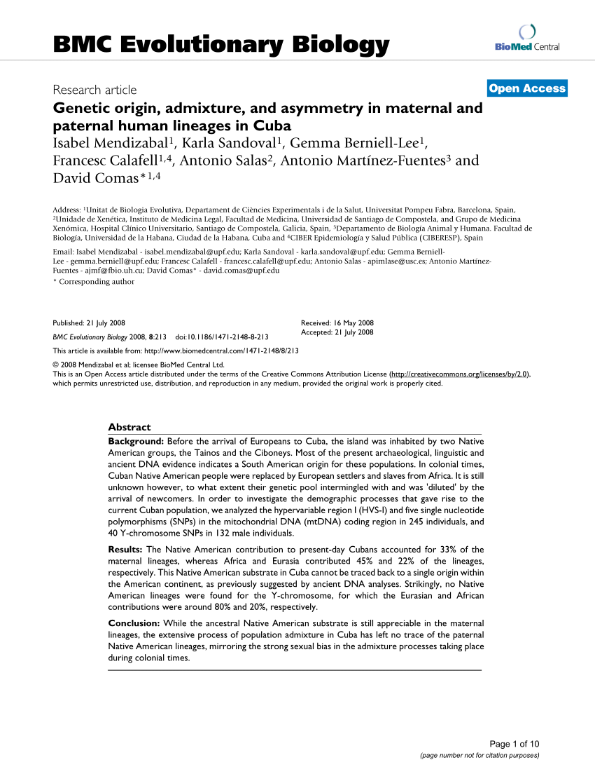 Pdf Genetic Origin Admixture And Asymmetry In Maternal And Paternal Human Lineages In Cuba