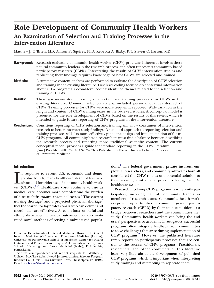 Pdf) Role Development Of Community Health Workers An Examination Of  Selection And Training Processes In The Intervention Literature