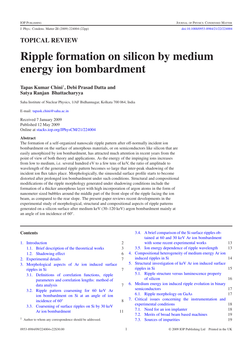 PDF) Ripple formation on silicon by medium energy ion bombardment