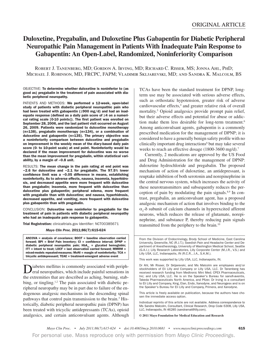 Pdf Duloxetine Pregabalin And Duloxetine Plus Gabapentin For Diabetic Peripheral Neuropathic Pain Management In Patients With Inadequate Pain Response To Gabapentin An Open Label Randomized Noninferiority Comparison