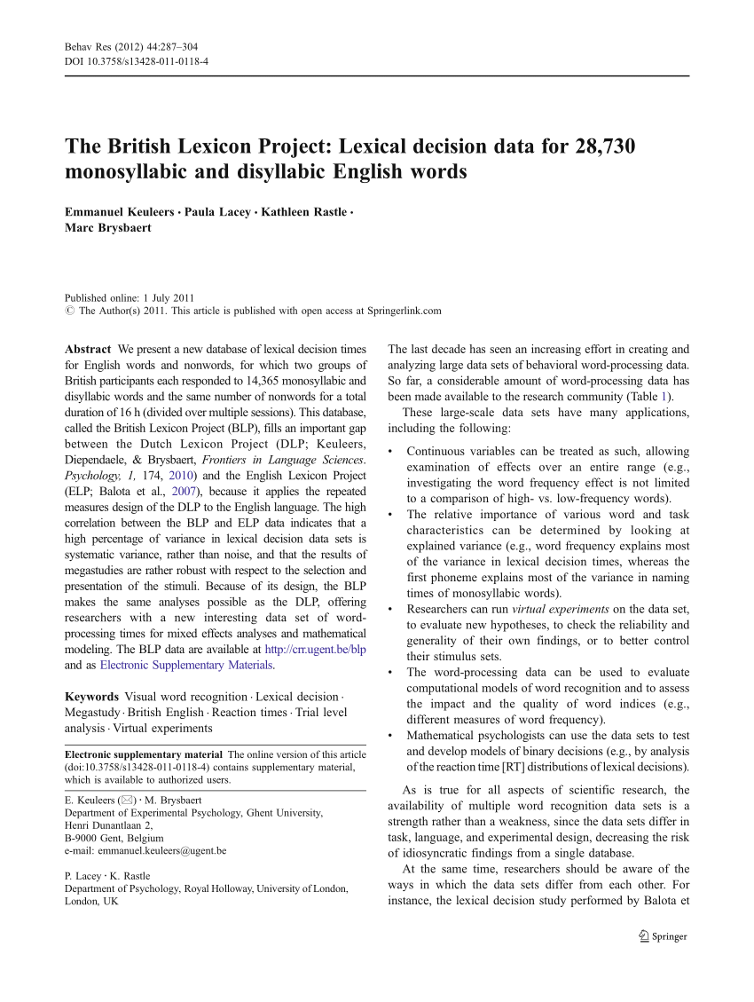 (PDF) The British Lexicon Project: Lexical decision data for 28 730