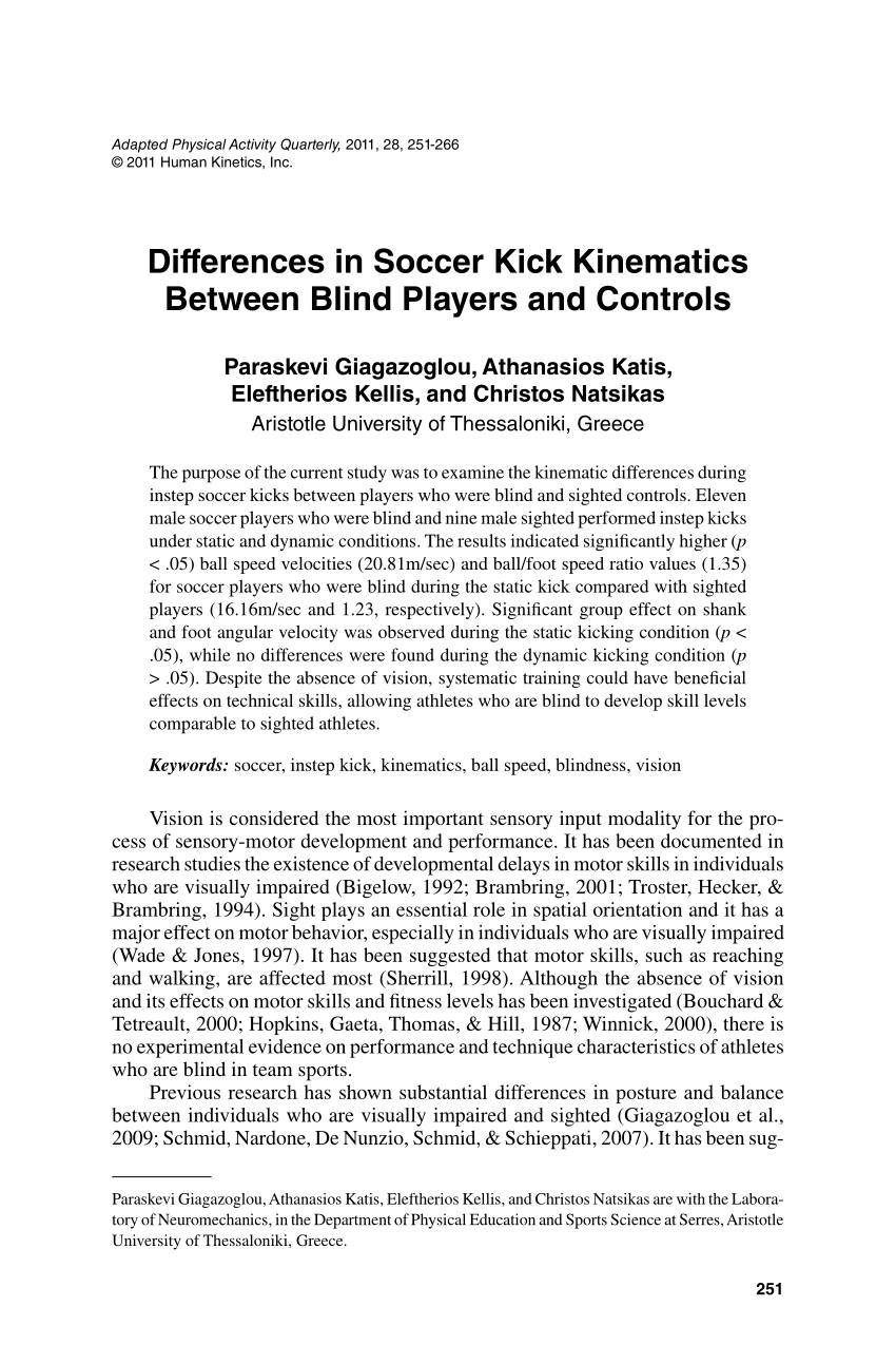 (PDF) Differences in Soccer Kick Kinematics Between Blind Players and ...
