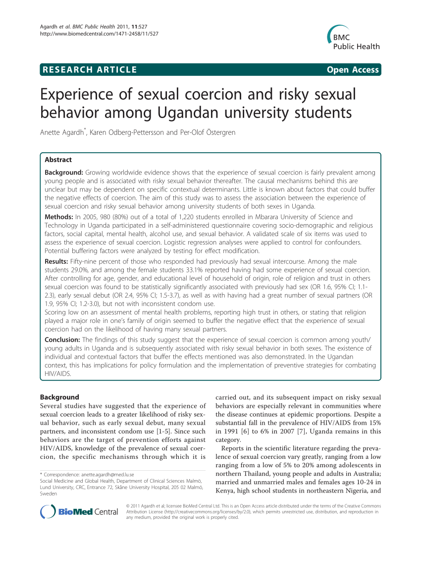 PDF Experience of sexual coercion and risky sexual behavior among