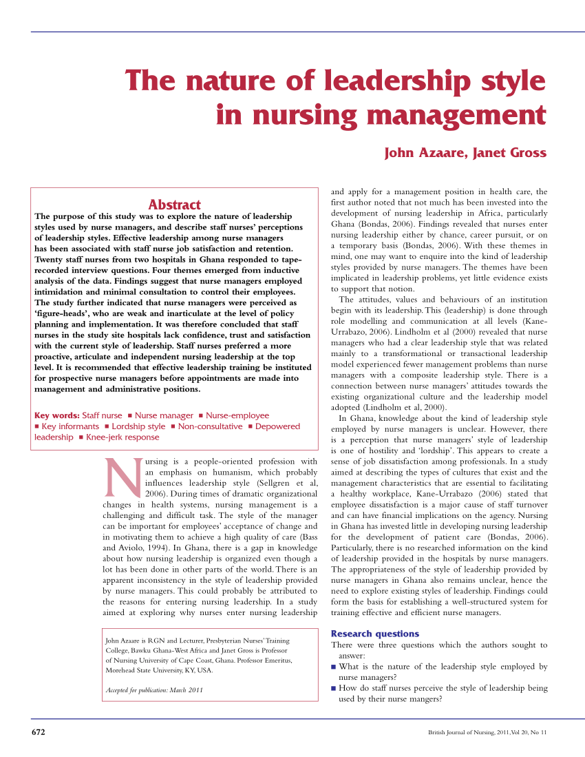 research articles on nursing leadership