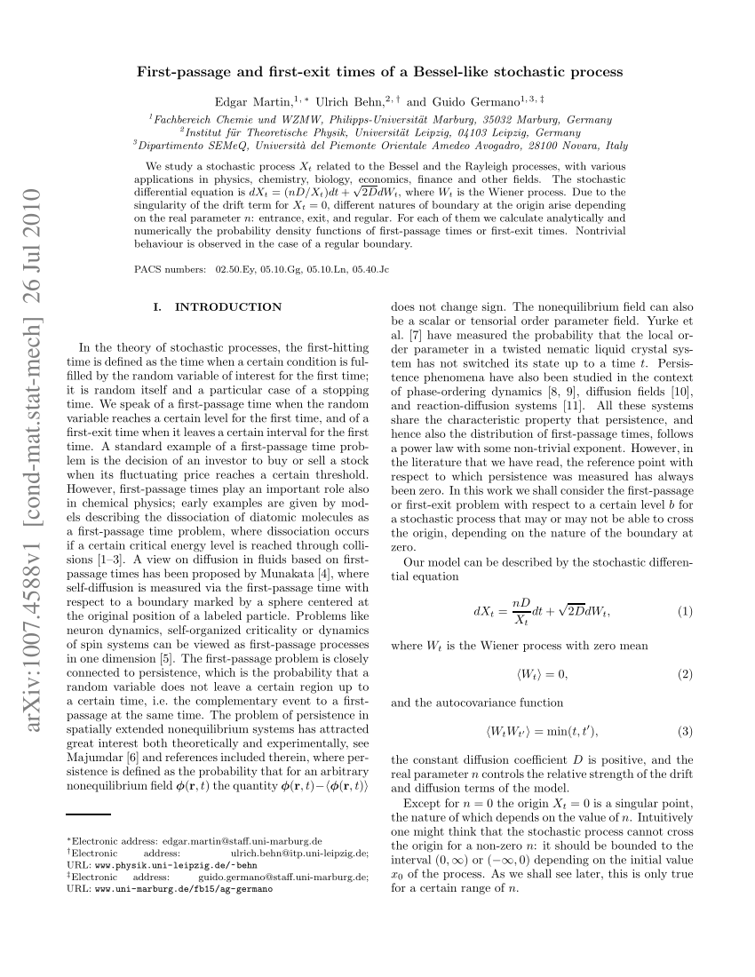 Pdf First Passage And First Exit Times Of A Bessel Like Stochastic Process