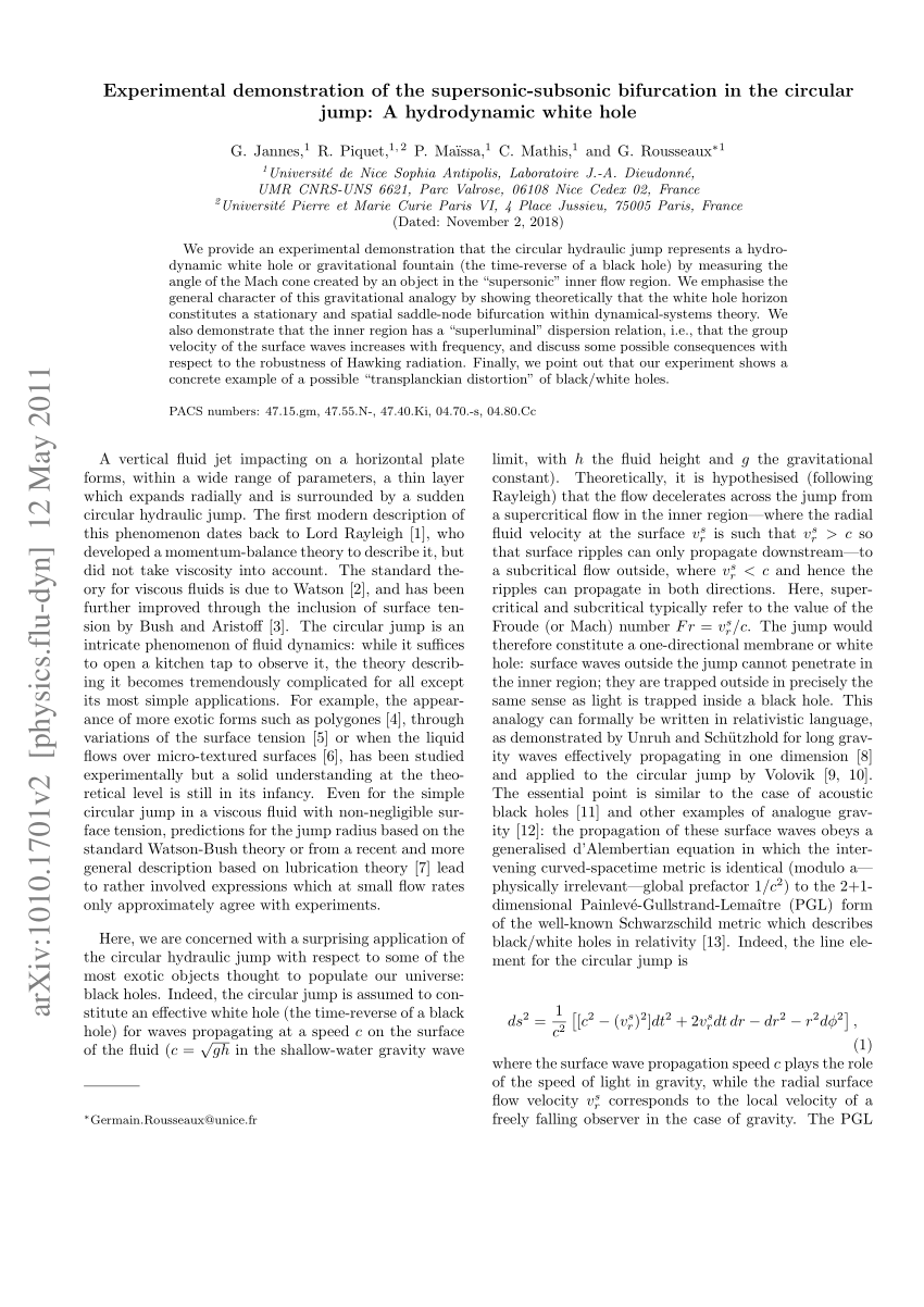 Pdf Experimental Demonstration Of The Supersonic Subsonic Bifurcation In The Circular Jump A Hydrodynamic White Hole