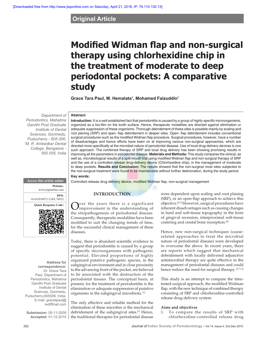 PDF) Modified Widman flap and non-surgical therapy using chlorhexidine chip  in the treatment of moderate to deep periodontal pockets: A comparative  study