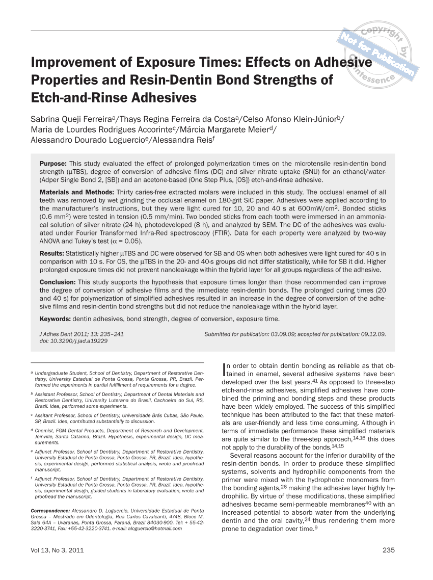 Pdf Improvement Of Exposure Times Effects On Adhesive Properties And Resin Dentin Bond Strengths Of Etch And Rinse Adhesives