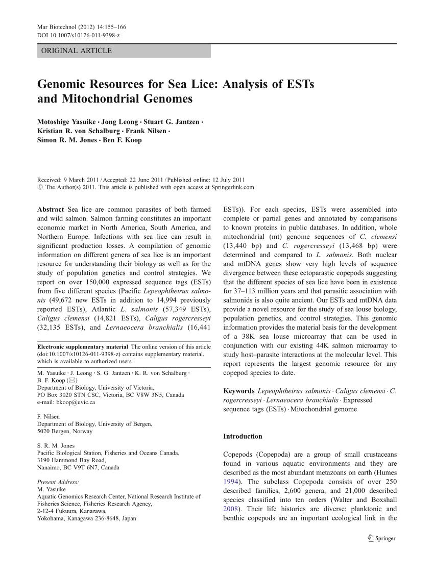 Pdf Genomic Resources For Sea Lice Analysis Of Ests And Mitochondrial Genomes