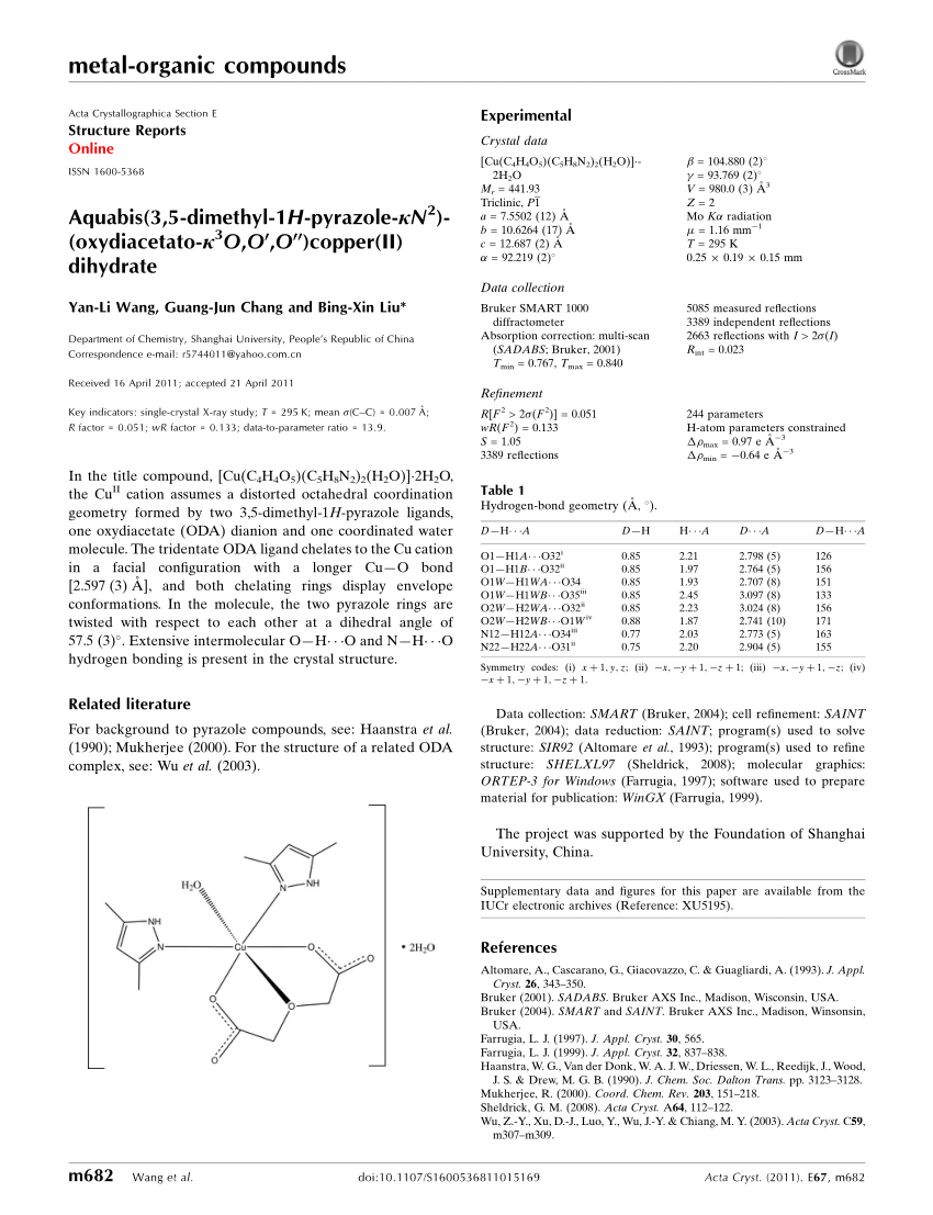 Pdf Aqua Bis 3 5 Dimethyl 1h Pyrazole Kn 2 Oxydiacetato K 3 O O O Copper Ii Dihydrate