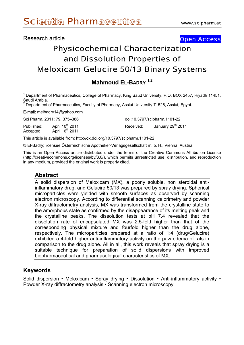 Pdf Physicochemical Characterization And Dissolution Properties Of Meloxicam Gelucire 50 13 Binary Systems