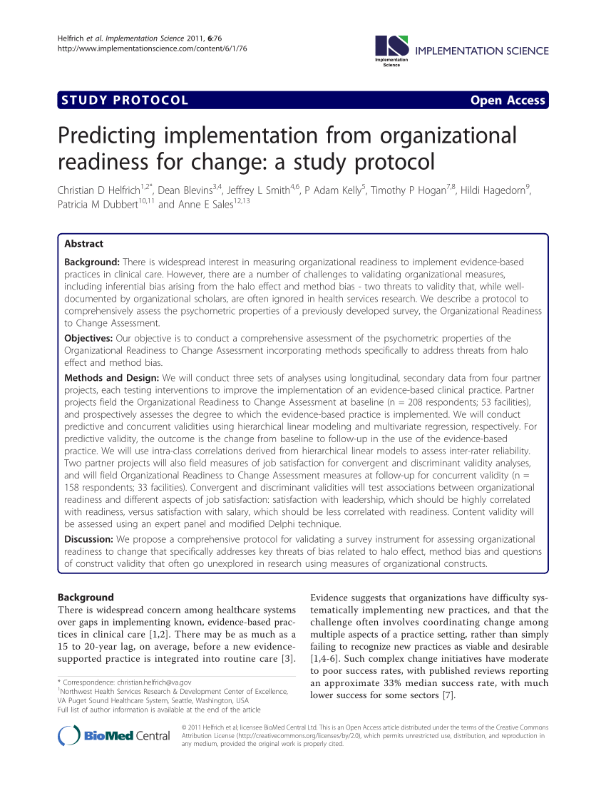 Pdf Predicting Implementation From Organizational Readiness For Change A Study Protocol