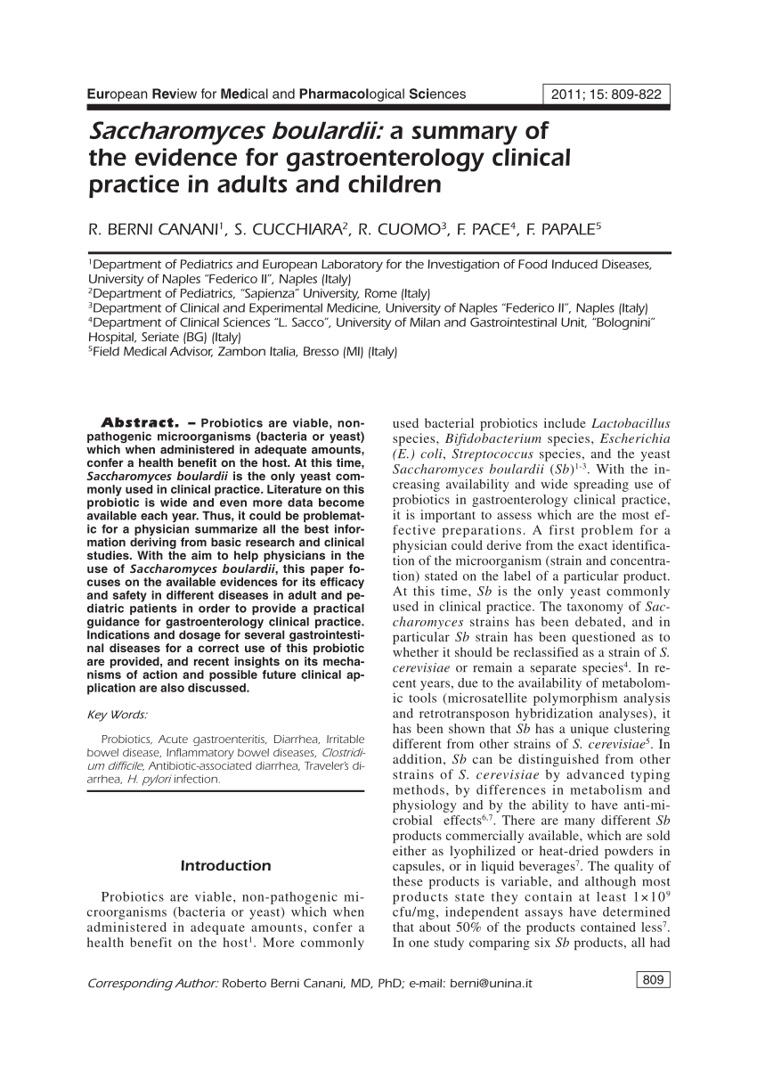 Pdf Saccharomyces Boulardii A Summary Of The Evidence For Gastroenterology Clinical Practice In Adults And Children