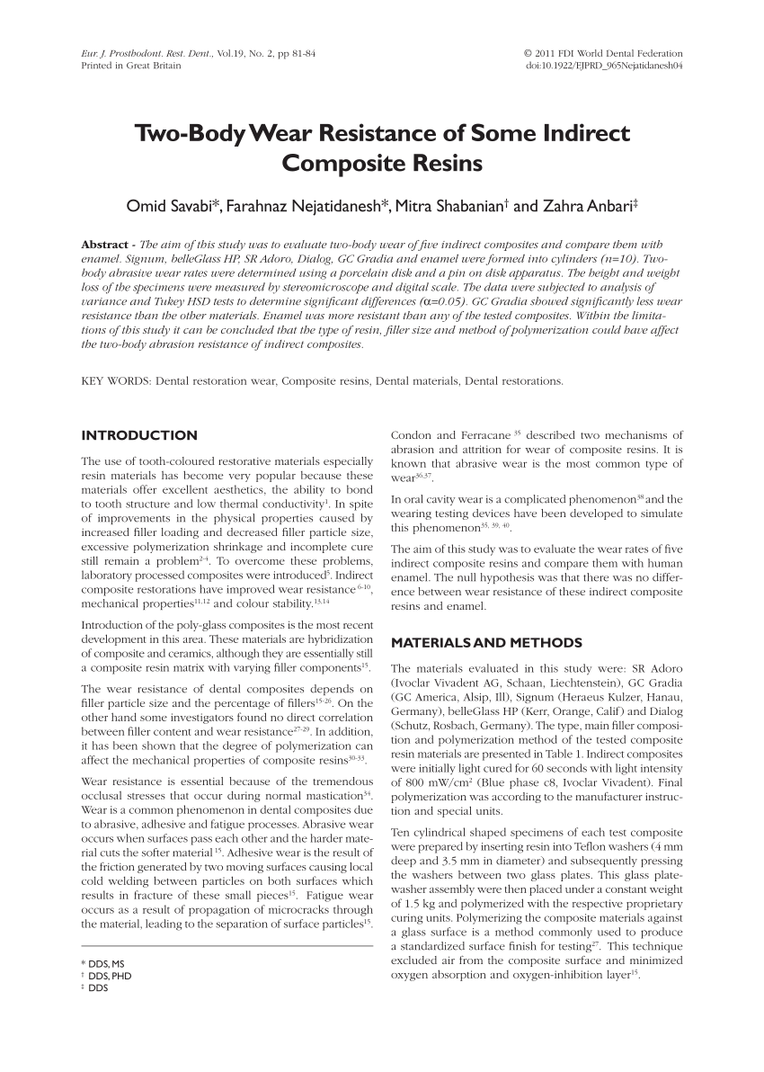 (PDF) Twobody wear resistance of some indirect composite resins