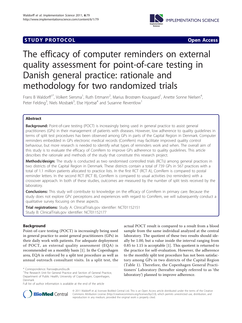 PDF) The efficacy of computer reminders on quality assessment for point-of-care testing in Danish general practice: Rationale methodology for two trials