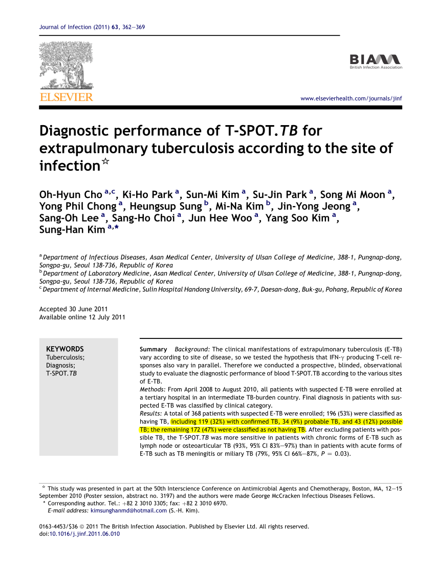 Pdf Diagnostic Performance Of T Spot Tb For Extrapulmonary Tuberculosis According To The Site Of Infection