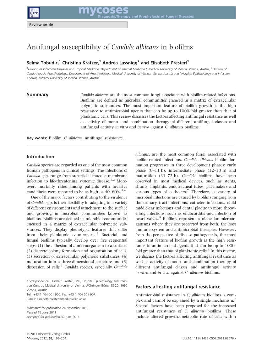 Pdf Antifungal Susceptibility Of Candida Albicans In Biofilms 