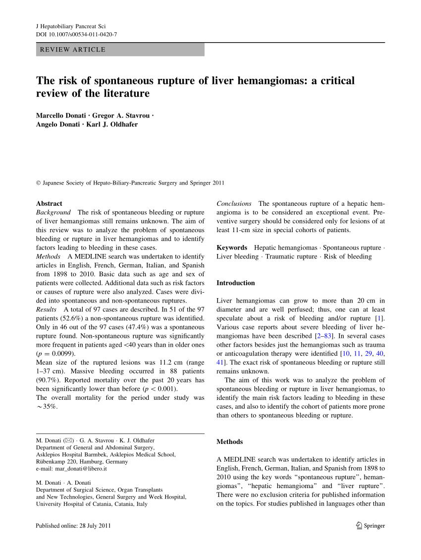 Pdf The Risk Of Spontaneous Rupture Of Liver Hemangiomas A