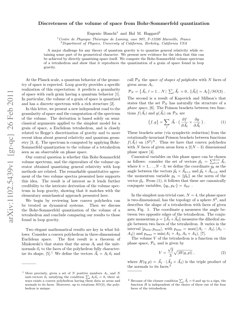 Pdf Discreteness Of The Volume Of Space From Bohr Sommerfeld Quantization