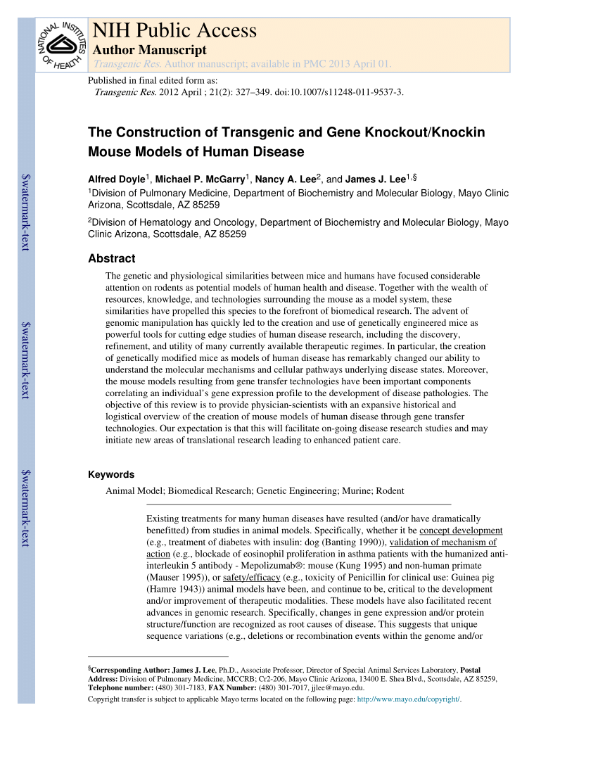 Pdf The Construction Of Transgenic And Gene Knockout Knockin Mouse Models Of Human Disease